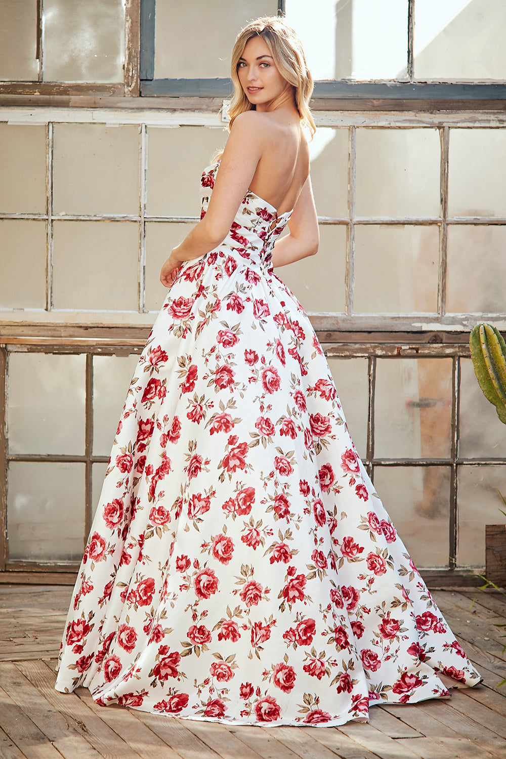 Strapless Floral Print A-Line Maxi Dress with Sweetheart Bodice Rose Gown by Amelia Couture 8070