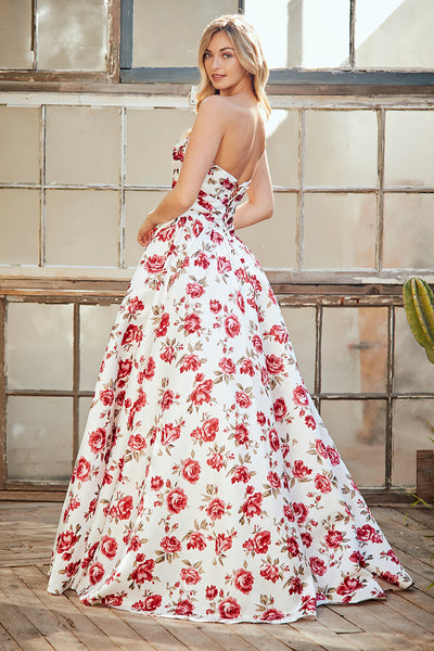 Strapless Floral Print A-Line Maxi Dress with Sweetheart Bodice Rose Gown by Amelia Couture 8070