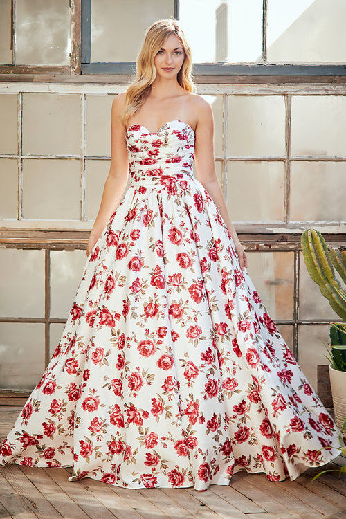 Strapless Floral Print A-Line Maxi Dress with Sweetheart Bodice Rose Gown by Amelia Couture 8070