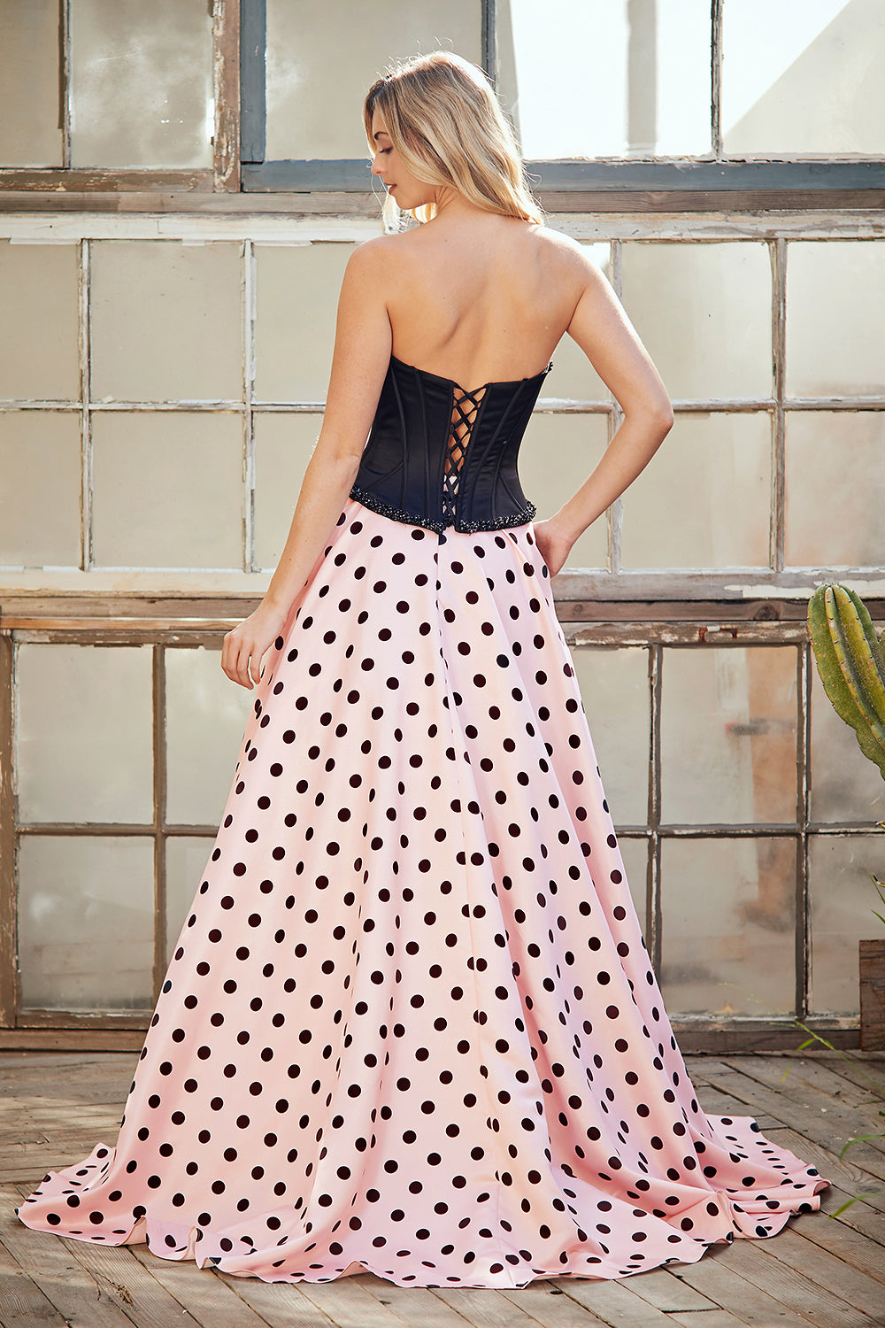 Strapless Beaded Corset Two-Piece Polka Dot Gown Set with Top & A-Line Skirt by Amelia Couture 8071