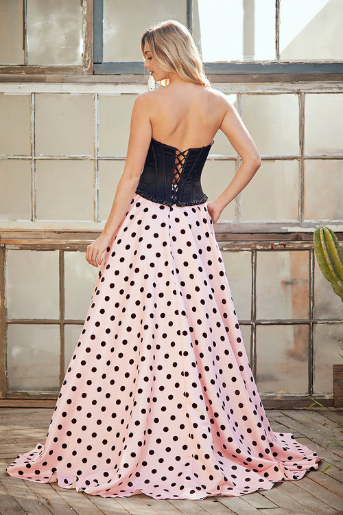 Strapless Beaded Corset Two-Piece Polka Dot Gown Set with Top & A-Line Skirt by Amelia Couture 8071