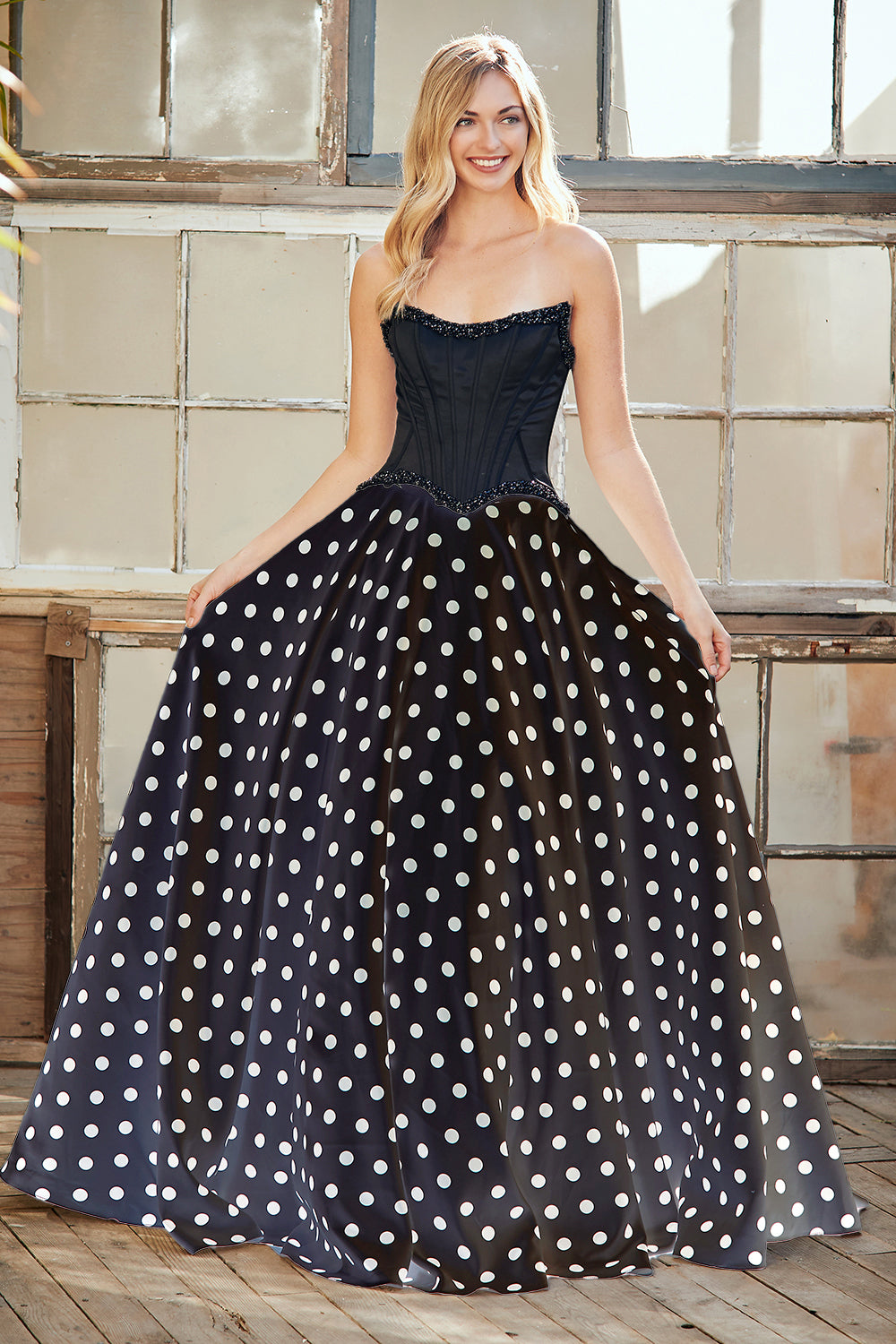 Strapless Beaded Corset Two-Piece Polka Dot Gown Set with Top & A-Line Skirt by Amelia Couture 8071