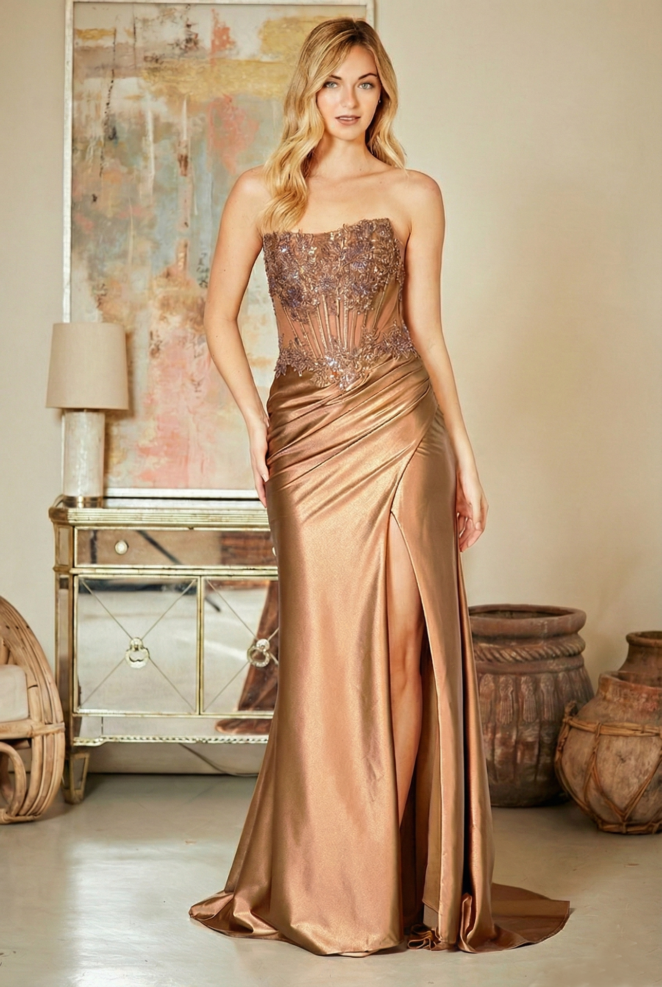 Strapless Satin Sheath Evening Gown with Sheer Lace Corset Bodice by Amelia Couture 9056
