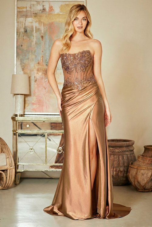 Strapless Satin Sheath Evening Gown with Sheer Lace Corset Bodice by Amelia Couture 9056