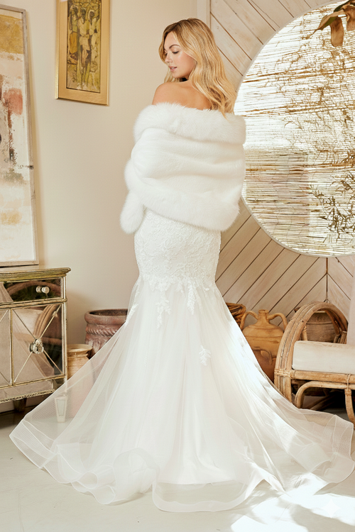 Faux Fur Shawl Wrap with Fur-Trimmed Edges for Formal Events by Amelia Couture P1002
