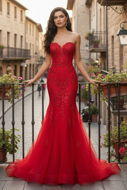 Amelia Couture RED Beaded Lace Appliqué &amp; Sequin Illusion Corset Bodice with Layered Tulle Skirt Mermaid Long Prom Dress