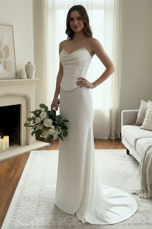 Strapless Corset Bodice Sheath Wedding Dress with Chiffon Scarf Bridal Dress by Amelia Couture 6137