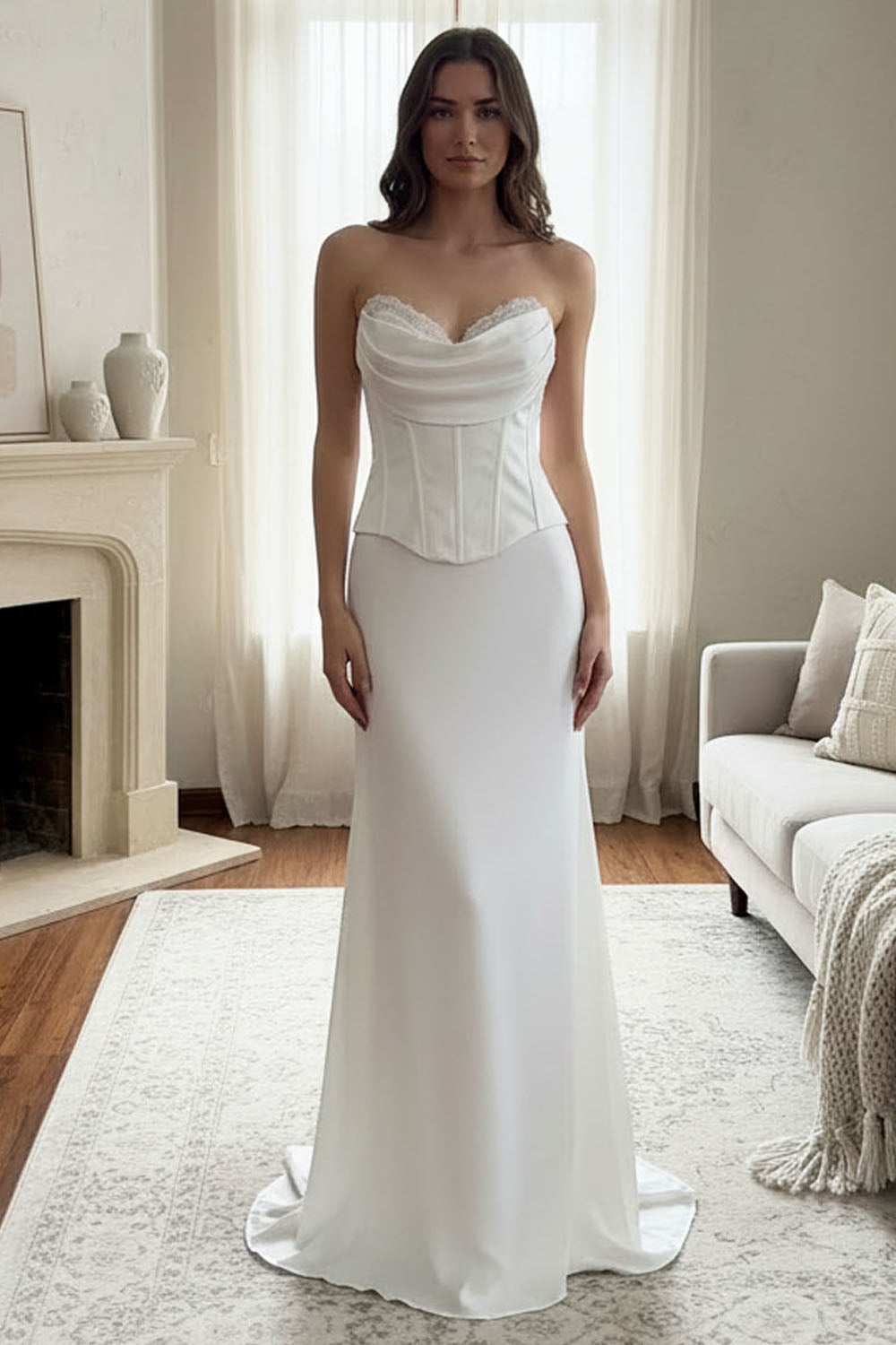 Strapless Corset Bodice Sheath Wedding Dress with Chiffon Scarf Bridal Dress by Amelia Couture 6137