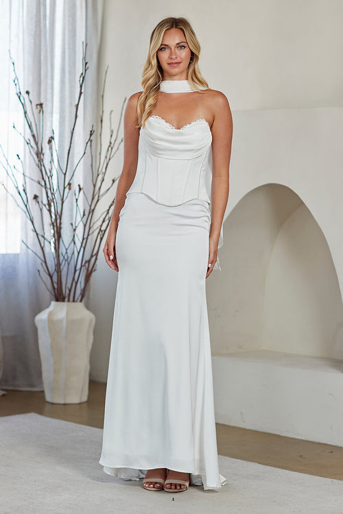 Strapless Corset Bodice Sheath Wedding Dress with Chiffon Scarf Bridal Dress by Amelia Couture 6137