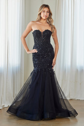 Strapless Sweetheart Beaded Lace Appliqué Corset Mermaid Tulle Prom Dress by Amelia Couture 7090