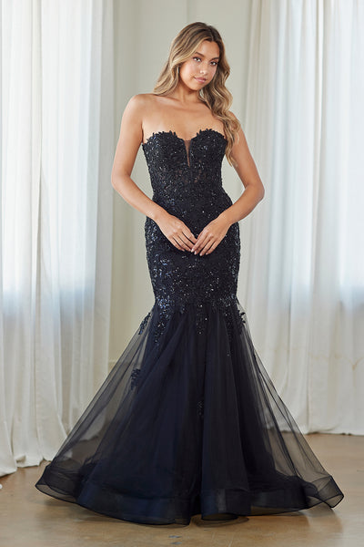 Amelia Couture BLACK Beaded Lace Appliqué &amp; Sequin Illusion Corset Bodice with Layered Tulle Skirt Mermaid Long Prom D...