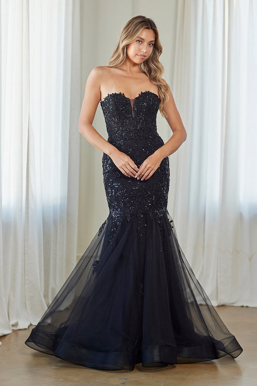 Amelia Couture BLACK Beaded Lace Appliqué &amp; Sequin Illusion Corset Bodice with Layered Tulle Skirt Mermaid Long Prom D...