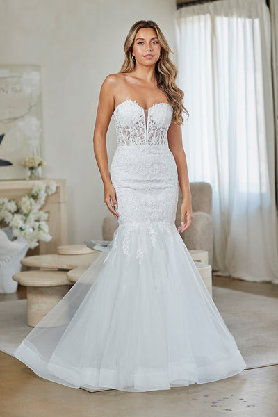 Amelia Couture WHITE Beaded Lace Appliqué &amp; Sequin Illusion Corset Bodice with Layered Tulle Skirt Mermaid Wedding Dress