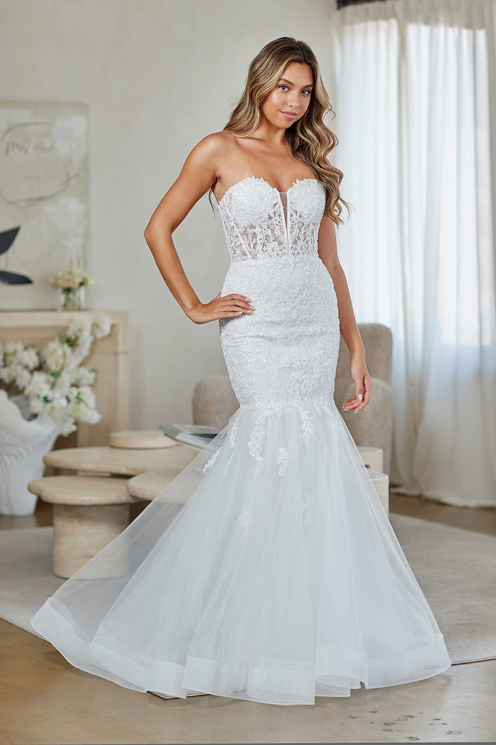 Strapless Sweetheart Beaded Lace Appliqué Corset Mermaid Wedding Dress by Amelia Couture 7090