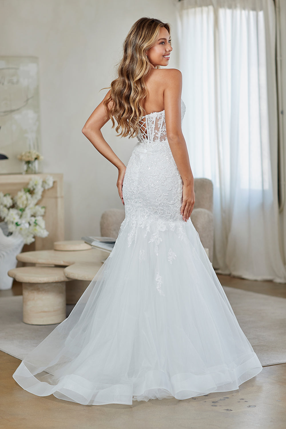Amelia Couture WHITE Beaded Lace Appliqué &amp; Sequin Illusion Corset Bodice with Layered Tulle Skirt Mermaid Wedding Dress