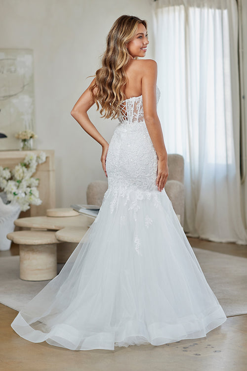 Amelia Couture WHITE Beaded Lace Appliqué &amp; Sequin Illusion Corset Bodice with Layered Tulle Skirt Mermaid Wedding Dress