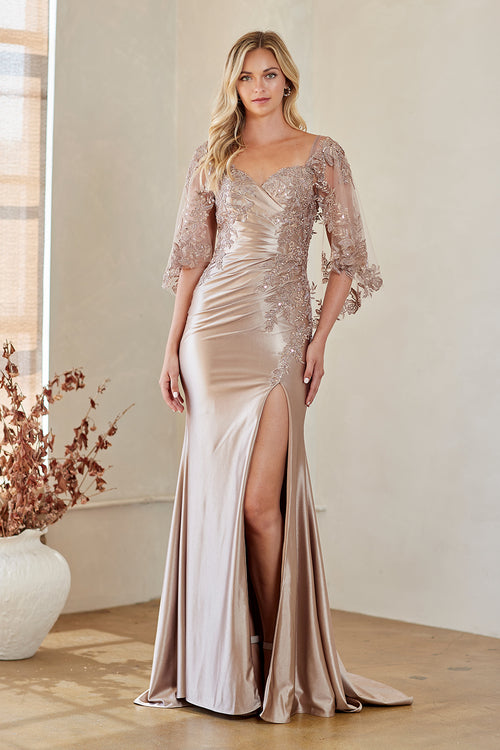 Sweetheart Satin Beaded Flutter Sleeve Sheath Mother of the Bride Dress by Amelia Couture 8073