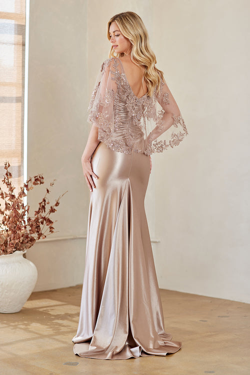 Sweetheart Satin Beaded Flutter Sleeve Sheath Mother of the Bride Dress by Amelia Couture 8073