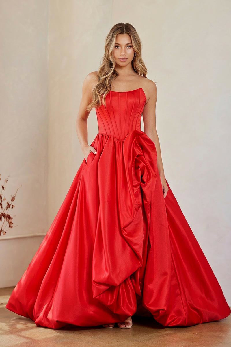 Strapless Corset A-Line Gown with Rosette Ruffle Drape & Pockets Long Dress by Amelia Couture 2085