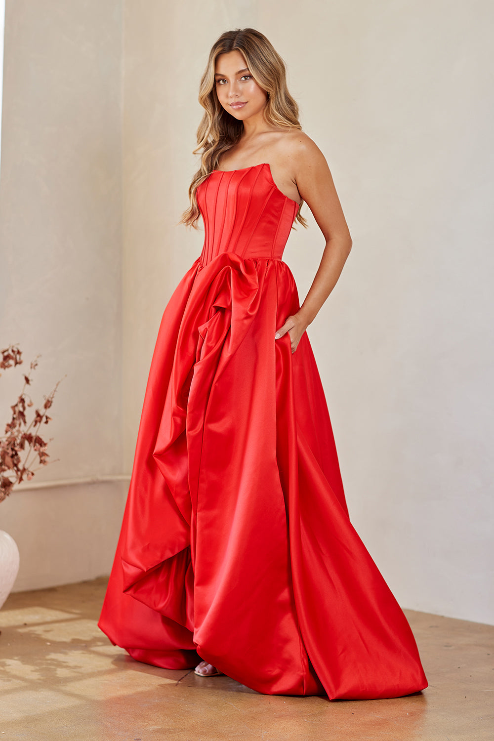 Strapless Corset A-Line Gown with Rosette Ruffle Drape & Pockets Long Dress by Amelia Couture 2085