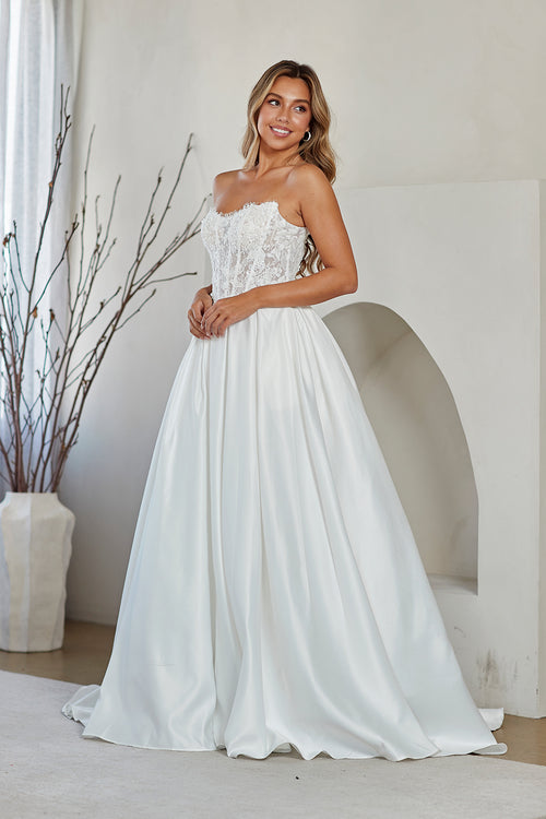 Strapless Lace Corset Wedding Dress Sweetheart Neckline A-Line Gown by Amelia Couture 2089