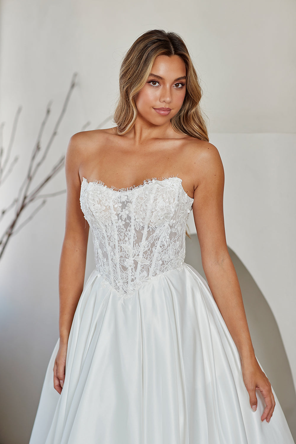 Strapless Lace Corset Wedding Dress Sweetheart Neckline A-Line Gown by Amelia Couture 2089