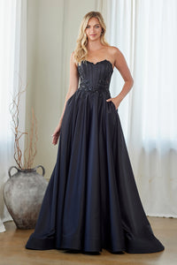 Strapless Sequin Lace Corset A-Line Gown Satin Evening Dress with Pockets by Amelia Couture 7093
