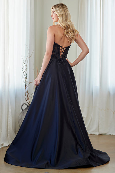 Strapless Sequin Lace Corset A-Line Gown Satin Evening Dress with Pockets by Amelia Couture 7093