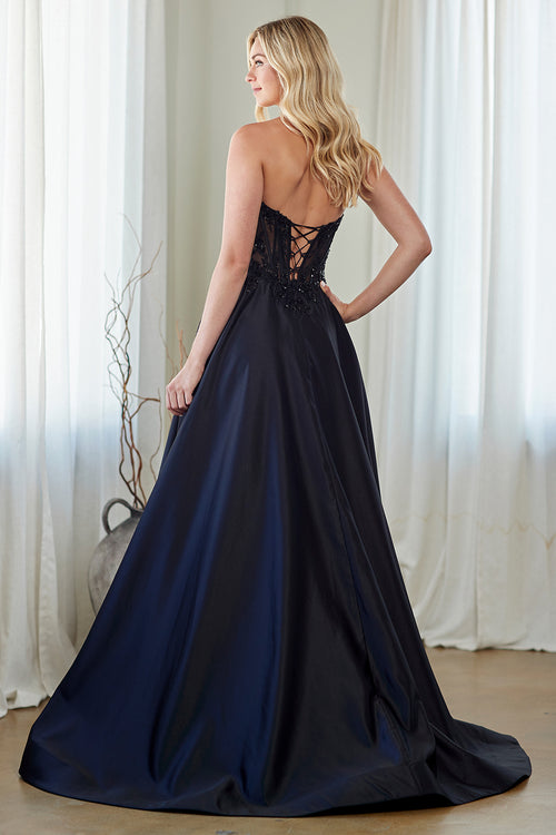 Strapless Sequin Lace Corset A-Line Gown Satin Evening Dress with Pockets by Amelia Couture 7093