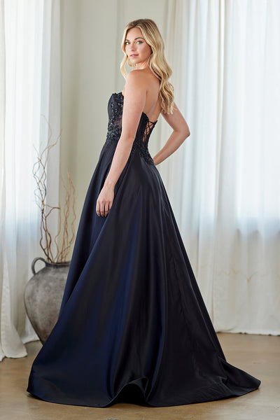 Strapless Sequin Lace Corset A-Line Gown Satin Evening Dress with Pockets by Amelia Couture 7093