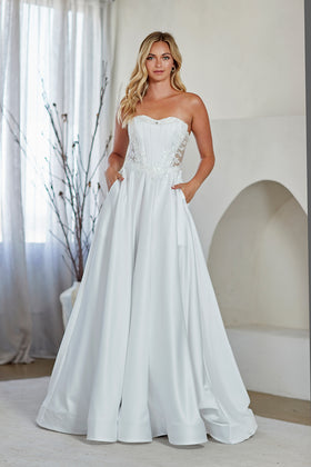 Strapless A-Line Wedding Dress with Corset Bodice Lace Appliqué & Pockets by Amelia Couture 7093