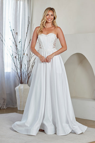 Strapless A-Line Wedding Dress with Corset Bodice Lace Appliqué & Pockets by Amelia Couture 7093
