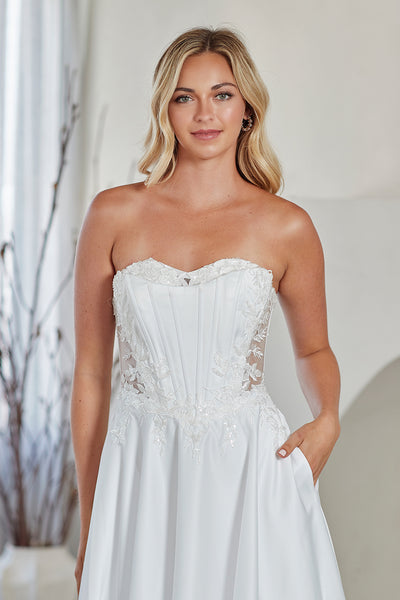 Strapless A-Line Wedding Dress with Corset Bodice Lace Appliqué & Pockets by Amelia Couture 7093