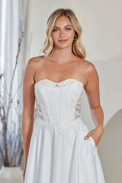 Strapless A-Line Wedding Dress with Corset Bodice Lace Appliqué & Pockets by Amelia Couture 7093
