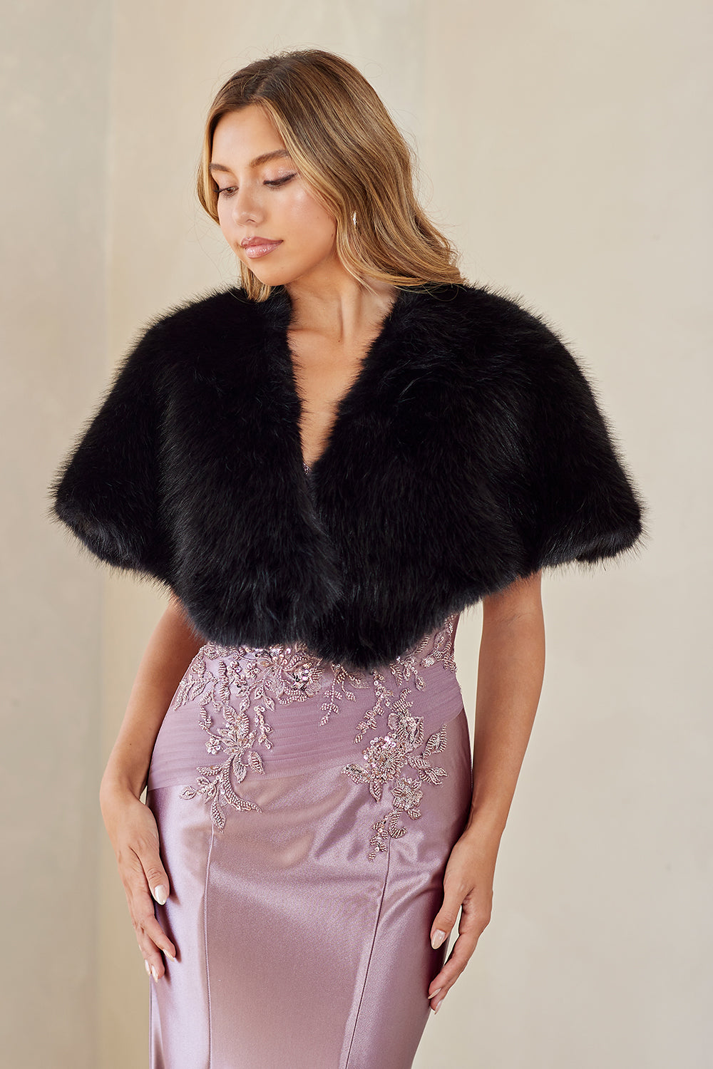 Short Sleeve Cropped Faux Fur Shrug Bolero Wrap for Prom & Formal Gowns by Amelia Couture P1005