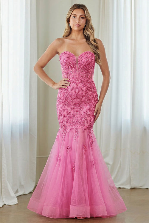Amelia Couture PINK Beaded Lace Appliqué &amp; Sequin Illusion Corset Bodice with Layered Tulle Skirt Mermaid Long Prom Dress
