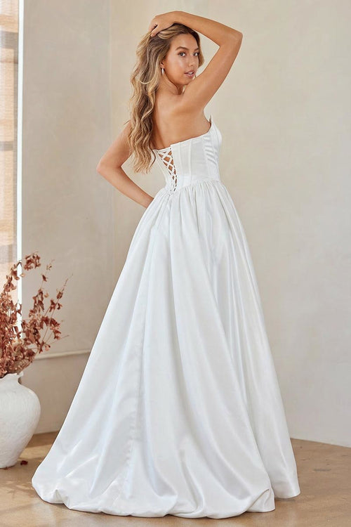 White Strapless Satin Wedding Dress with Lace-Up Back Side Slit & Train by Amelia Couture 2085