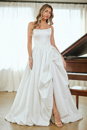 White Strapless Satin Wedding Dress with Lace-Up Back Side Slit & Train by Amelia Couture 2085