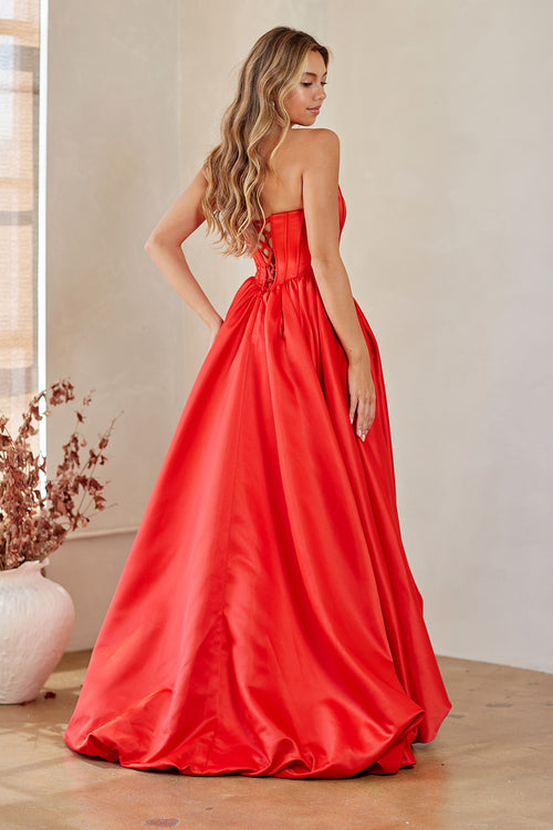 Strapless Corset A-Line Gown with Rosette Ruffle Drape & Pockets Long Dress by Amelia Couture 2085
