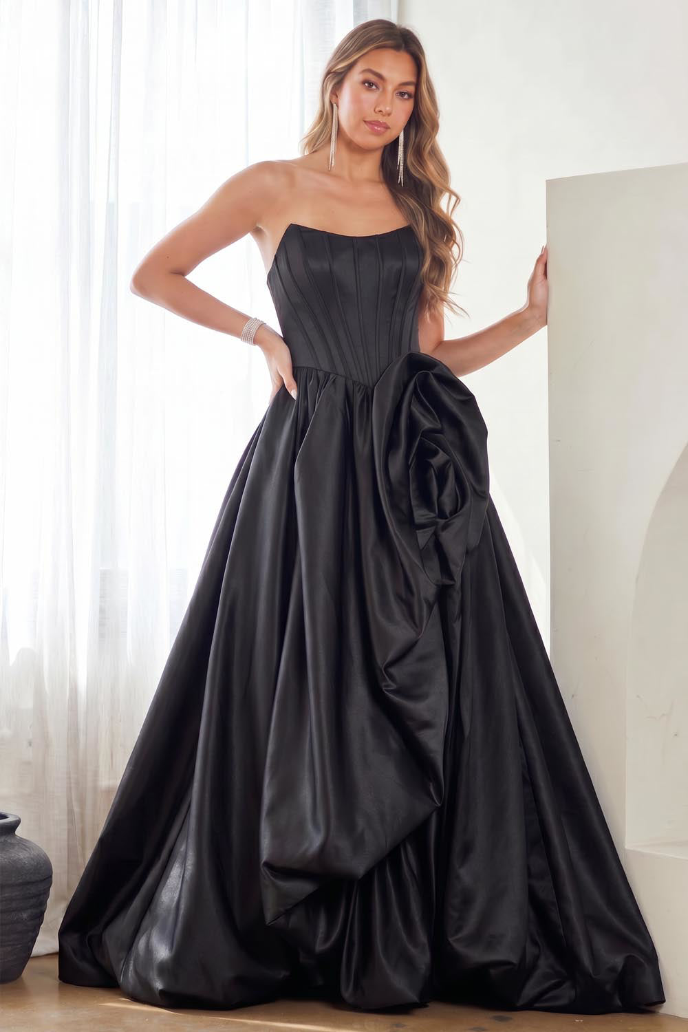 Strapless Corset A-Line Gown with Rosette Ruffle Drape & Pockets Long Dress by Amelia Couture 2085