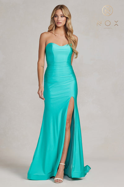 Strapless Ruched Satin Prom Dress with Lace-Up Back & High Slit by Nox Anabel T1139