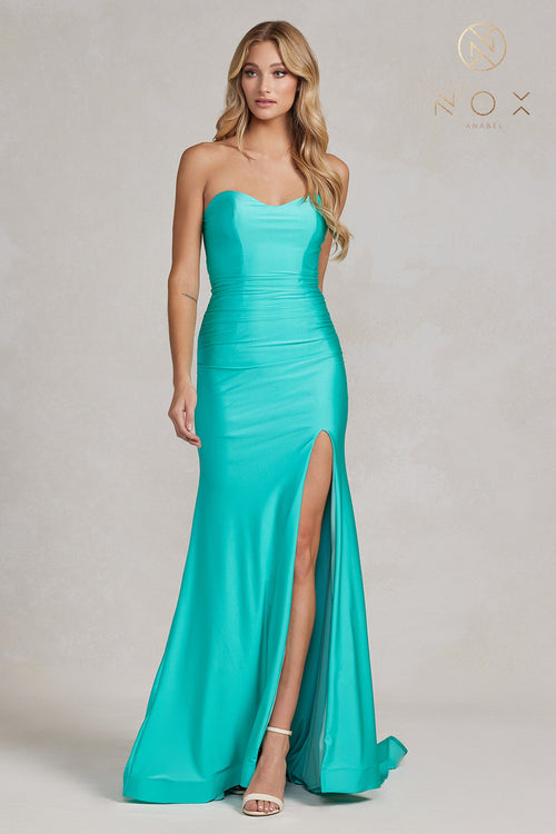 Strapless Ruched Satin Prom Dress with Lace-Up Back & High Slit by Nox Anabel T1139
