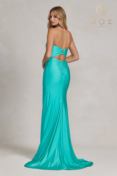 Strapless Ruched Satin Prom Dress with Lace-Up Back & High Slit by Nox Anabel T1139