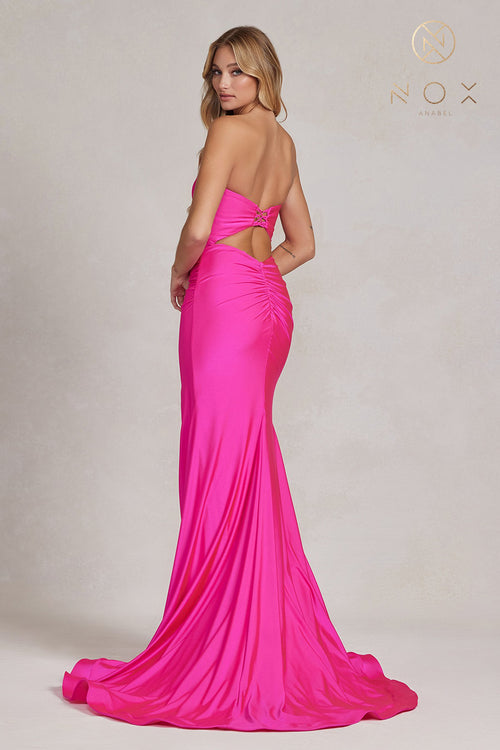 Strapless Ruched Satin Prom Dress with Lace-Up Back & High Slit by Nox Anabel T1139