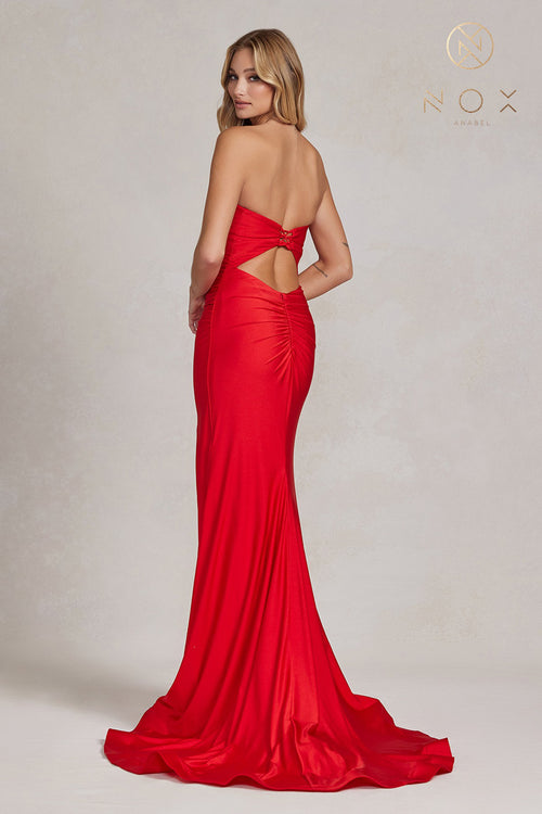 Strapless Ruched Satin Prom Dress with Lace-Up Back & High Slit by Nox Anabel T1139