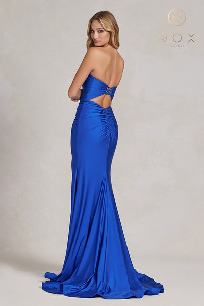 Strapless Ruched Satin Prom Dress with Lace-Up Back & High Slit by Nox Anabel T1139
