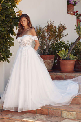 Juliet JUJT2606LW-Off Juliet 2606LW Long Off-Shoulder Appliqued Tulle Dress with A-Line Skirt and Sweetheart Neckline