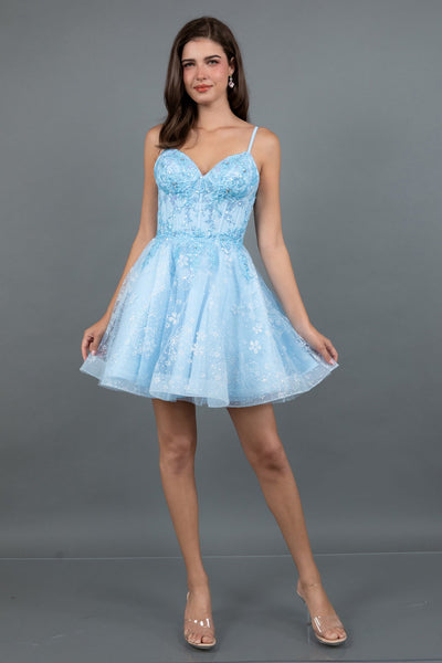 Juliet 985L Glitter Floral Applique Corset Tulle Short Dress