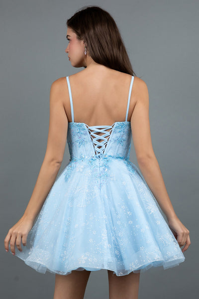 Juliet 985L Glitter Floral Applique Corset Tulle Short Dress
