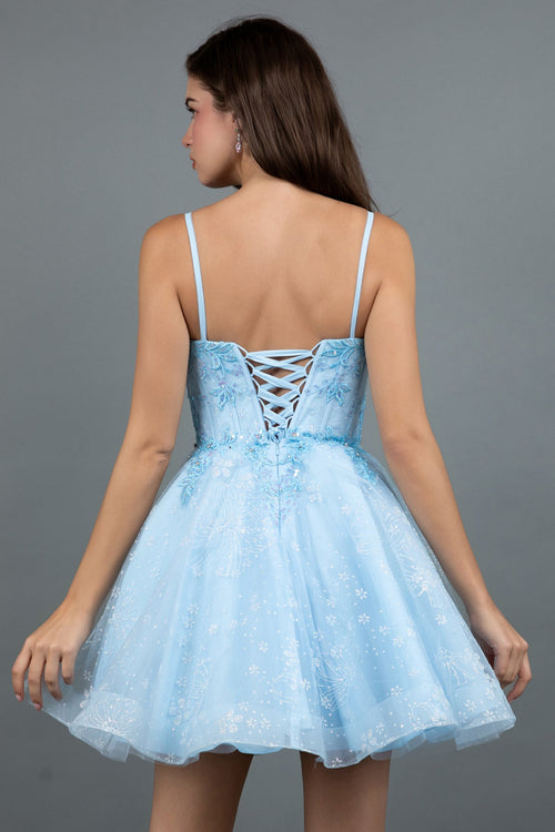 Juliet 985L Glitter Floral Applique Corset Tulle Short Dress